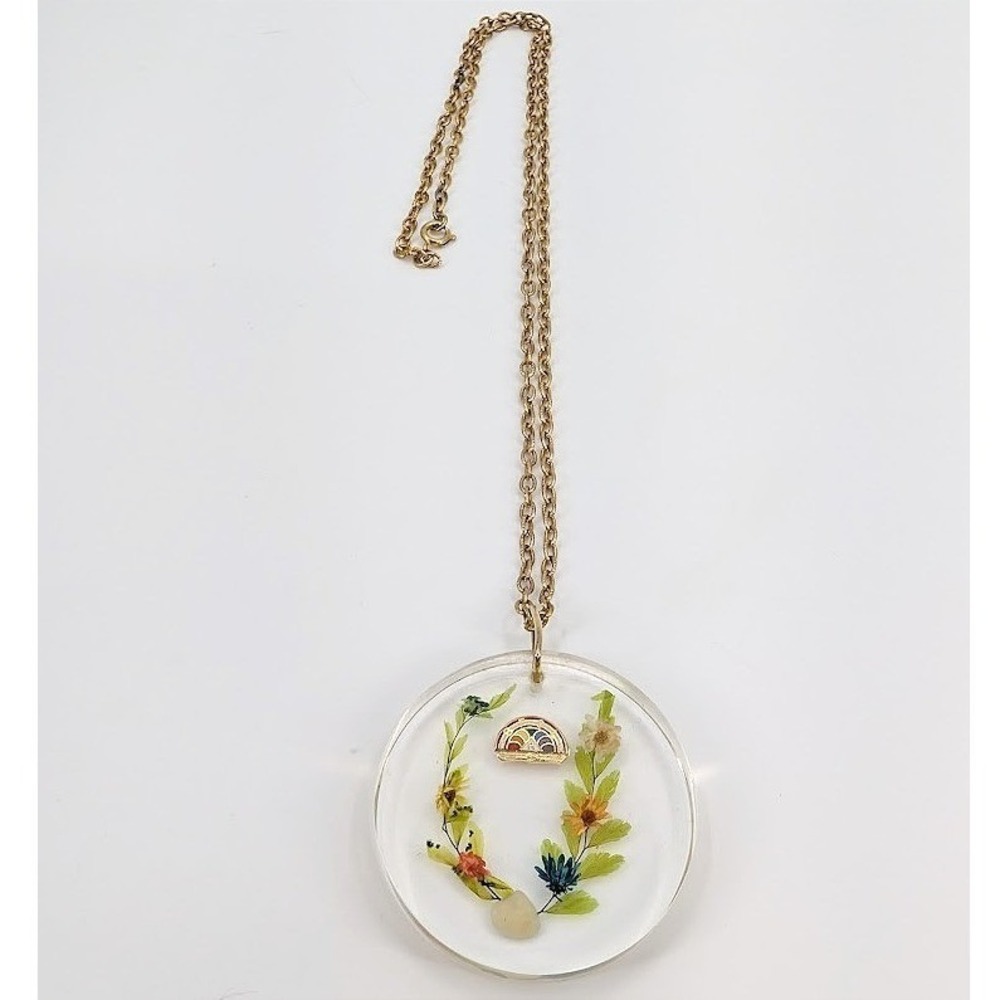 VTG IORG Rainbow Girls BFCL Necklace Lucite Dried Flower Masonic Pendant 28"